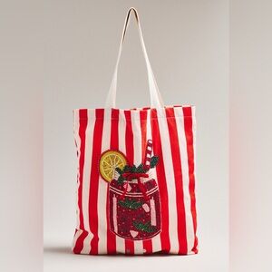 Anthropologie Printed Beaded Canvas Tote | Bloody Mary | NWT